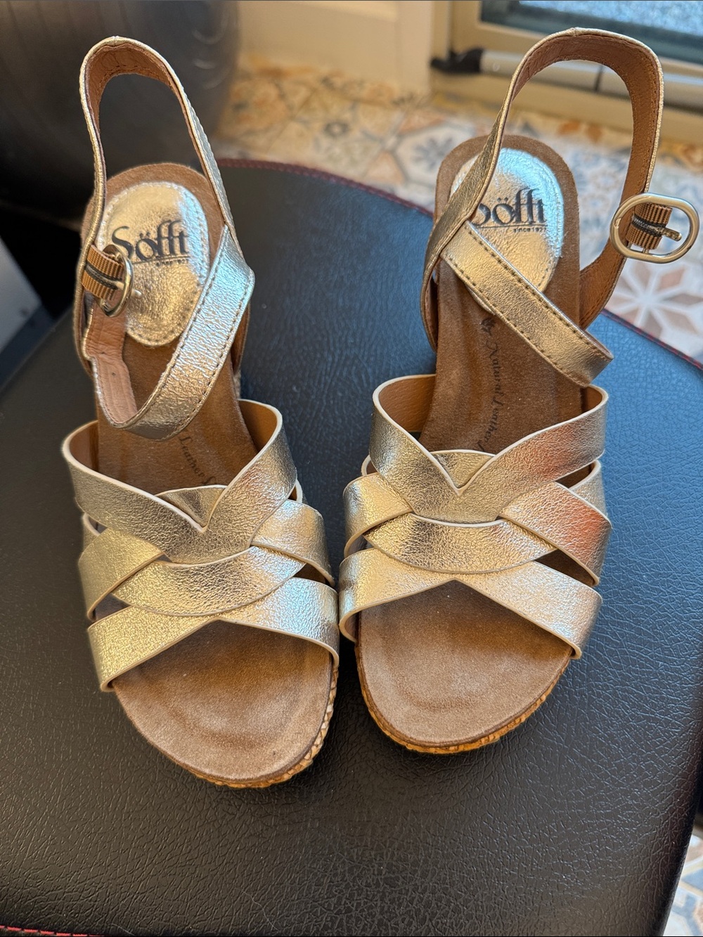 Sofft Metallic Gold Strappy Wedge Sandals